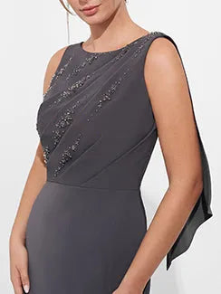 Elegant Red Beaded A-Line Scoop-Neck Classic-Sleeve Classic-Back Floor-Length Mother-of-the-Bride Dress