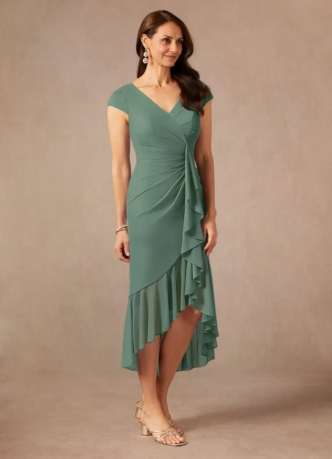Special Occasion Sophisticated Elegant Sheath V-Neck Ruffle Mother of the Bride Dress