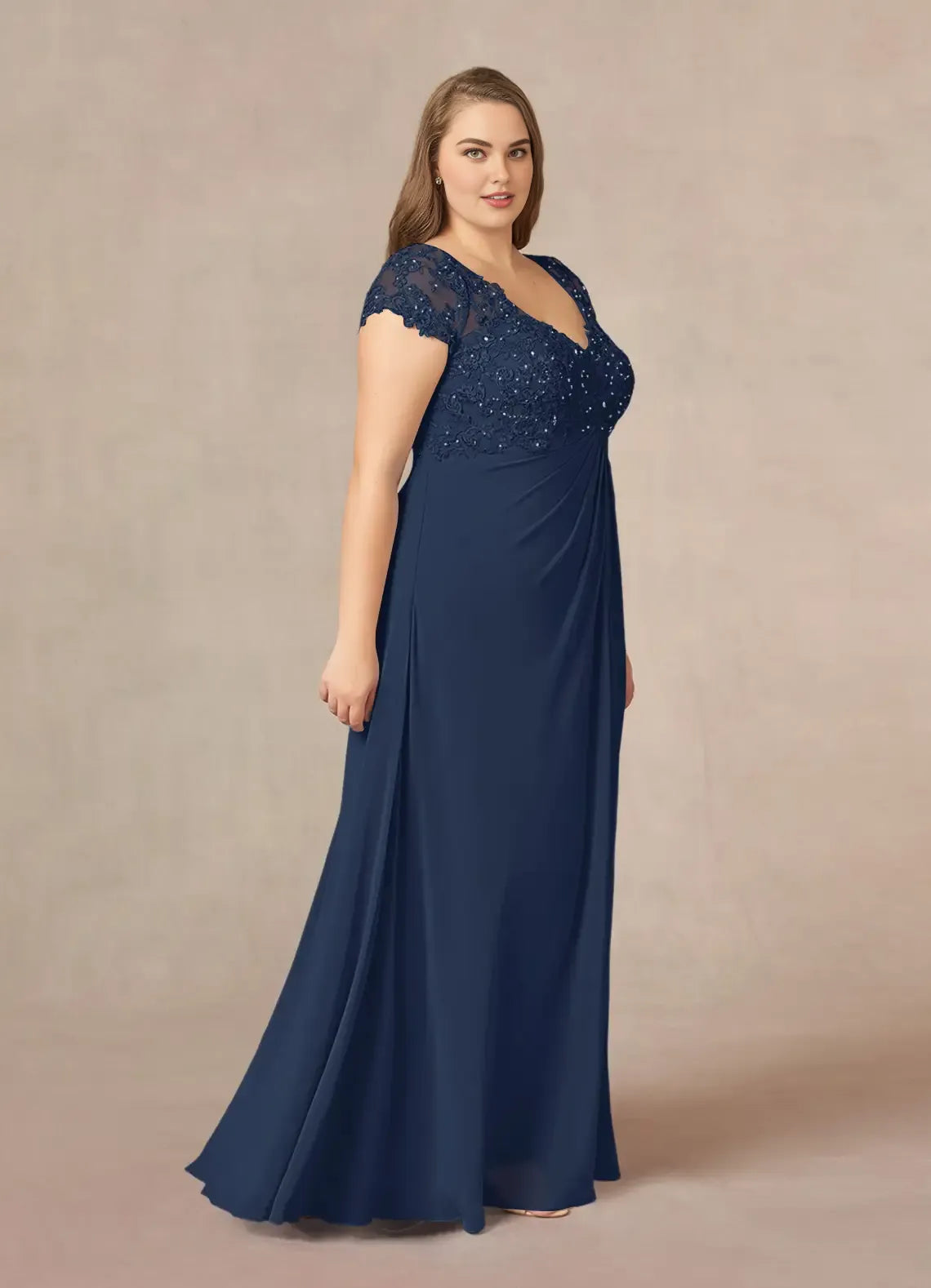 Elegant Navy Blue Chiffon A-Line V-Neck Floor-Length Mother of the Bride Dress