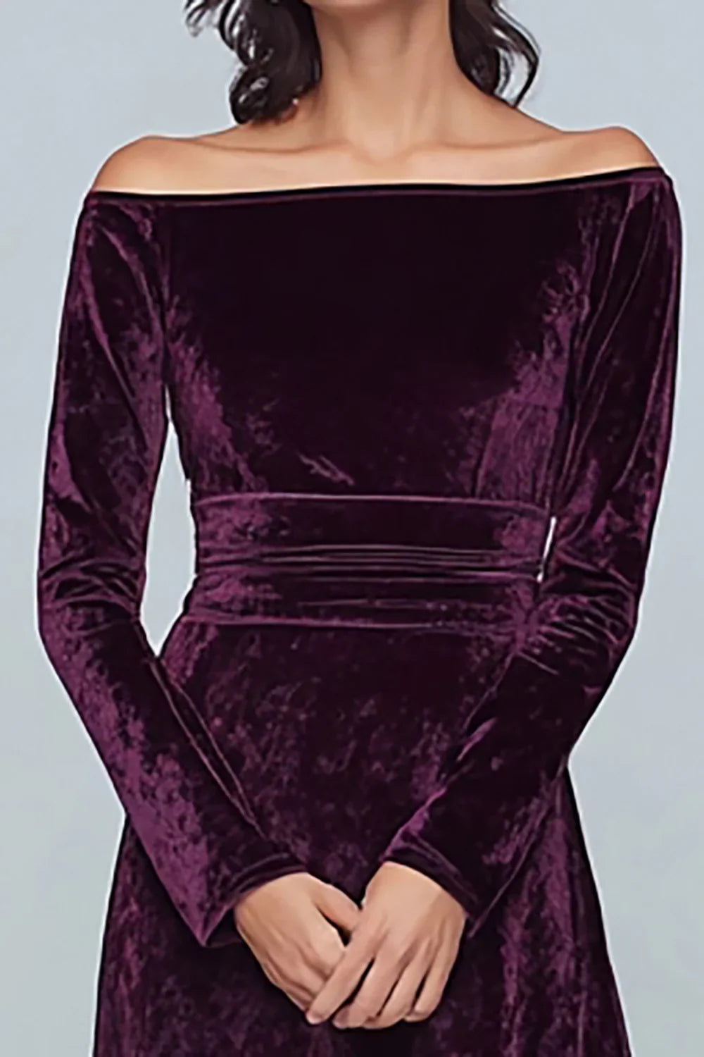 Sophisticated Graceful Stylish Refined Elegant Silver Velvet Long Sleeve Floor-Length Prom Dress