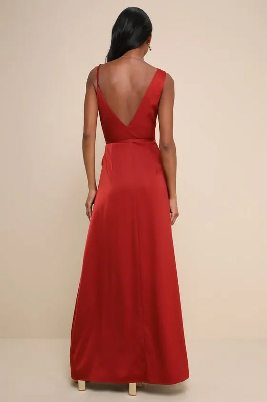 Luxurious Red Slit A-Line V-Neck Classic-Sleeve Classic-Back Floor-Length Prom Dress