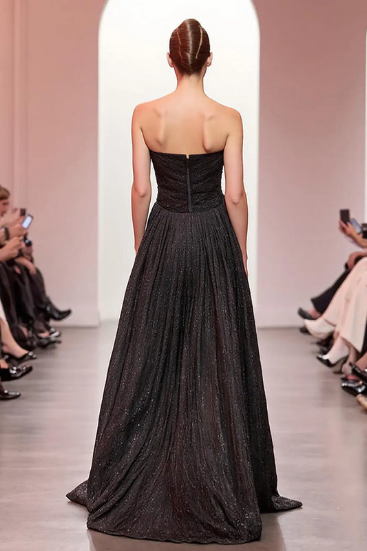 Elegant Black A-Line Strapless Classic-Sleeve Classic-Back Floor-Length Evening Dress