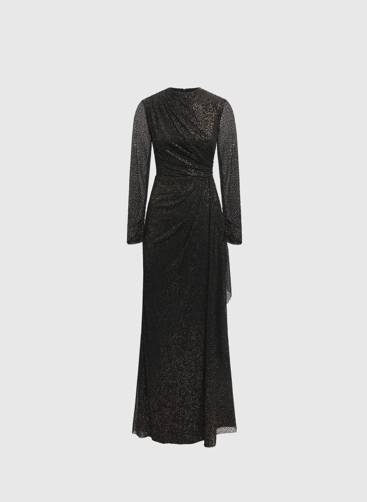 Special Occasion Elegant Black Glitter Sheath High Neck Long Sleeve Floor-Length Prom Dress