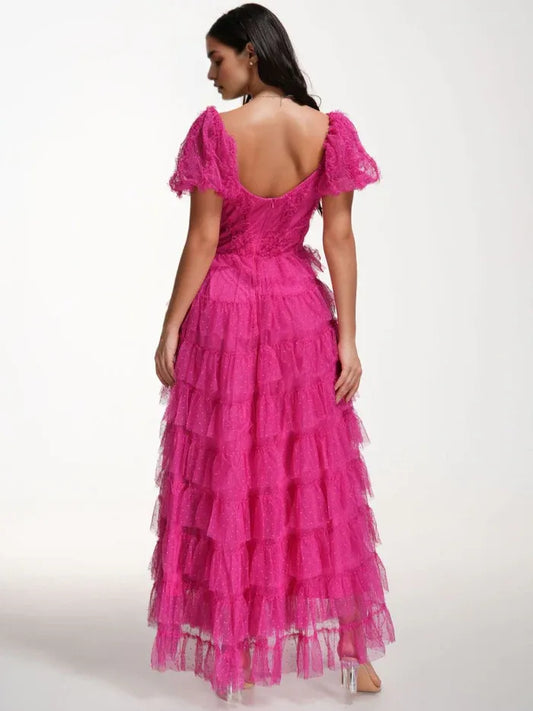 Elegant Red Slit A-Line Off-the-Shoulder Classic-Sleeve Classic-Back Floor-Length Prom Dress