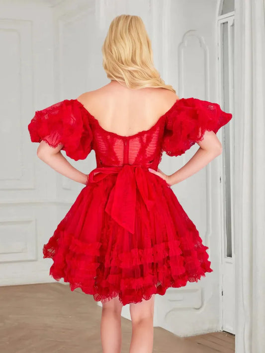 Elegant Red Slit A-Line V-Neck Sleeveless Classic-Back Mini-Length Homecoming Dress