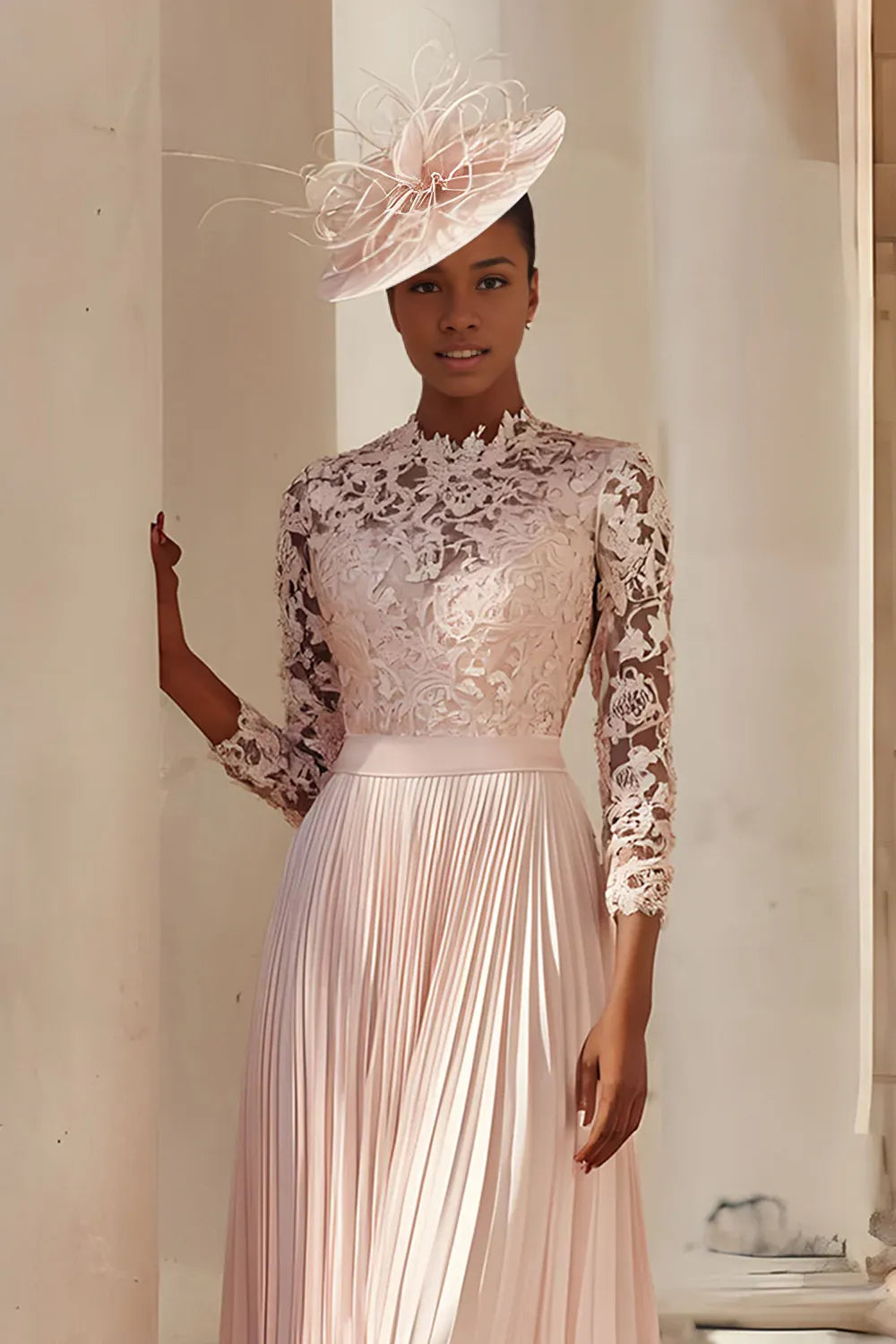 Elegant Blush Pink Lace Long Sleeve Tea-Length Mother of the Bride Dress