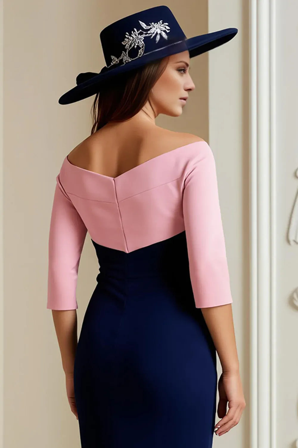 Elegant Navy Blue Bodycon Long Sleeve Tea-Length Mother of the Bride Dress