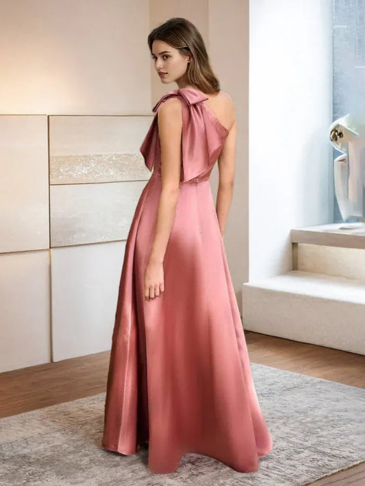 Elegant Red Slit A-Line One-Shoulder Classic-Sleeve Classic-Back Floor-Length Prom Dress