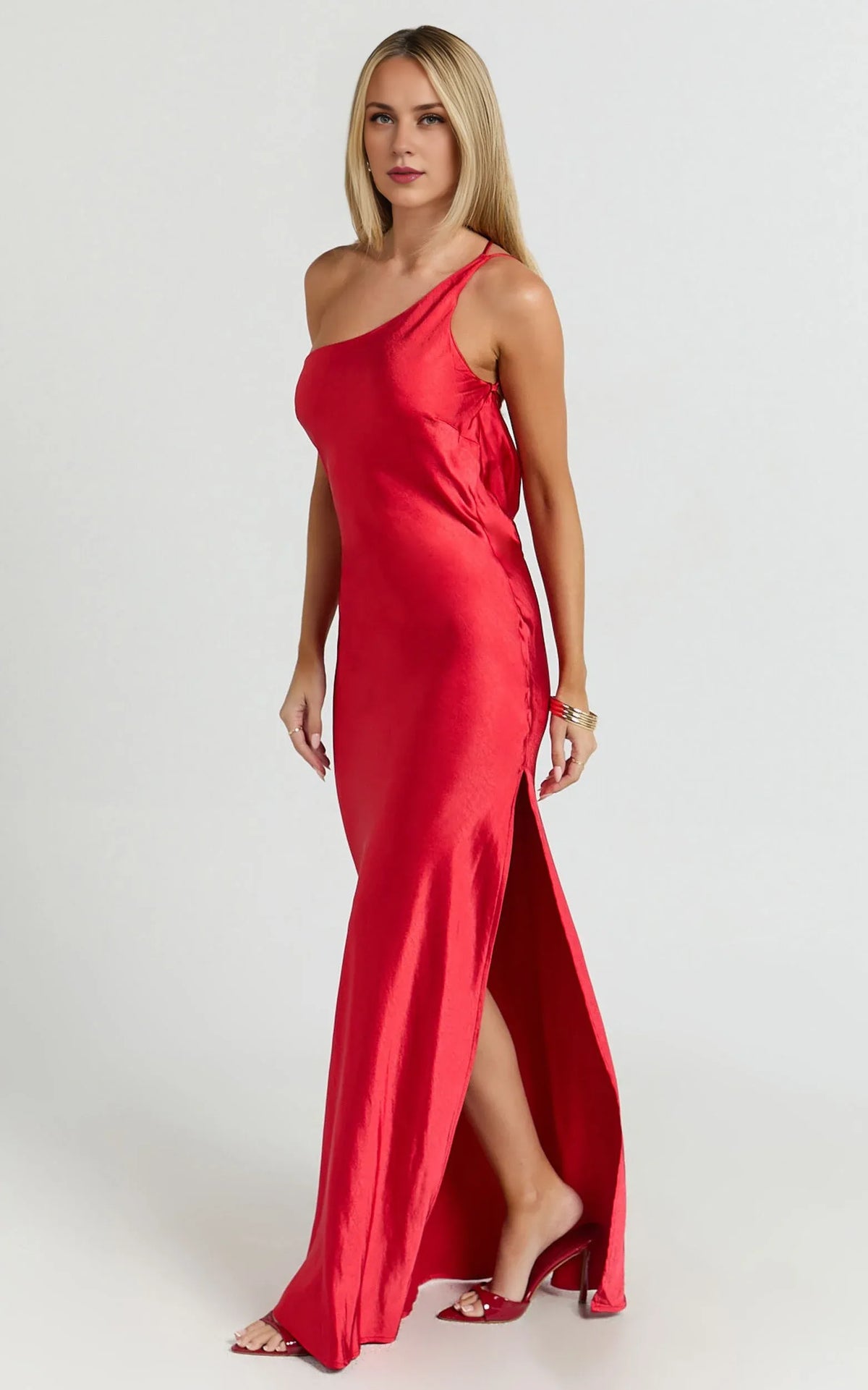 Sophisticated Graceful Stylish Refined Beautiful Elegant Red Satin Cowl Sleeveless Evening Dress