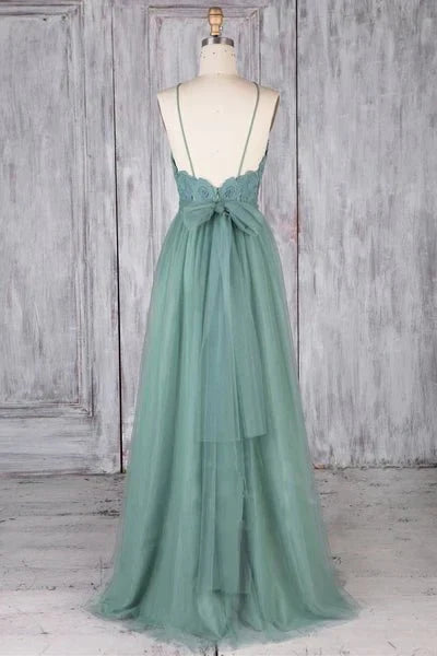 A Line Backless Lace Green Long Prom Dresses, Backless Green Lace Formal Graduation Evening Dresses - luolandi