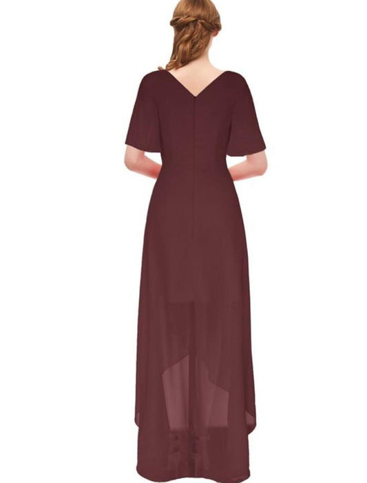 A-Line Bridesmaid Dress Plunging Neck Short Sleeve Elegant Asymmetrical Chiffon with Bow(s) / Ruching - luolandi