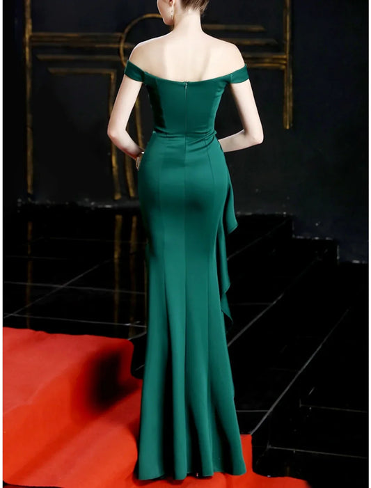Elegant Red Ruffled Mermaid Classic-Neck Short-Sleeve Classic-Back Floor-Length Evening Dress