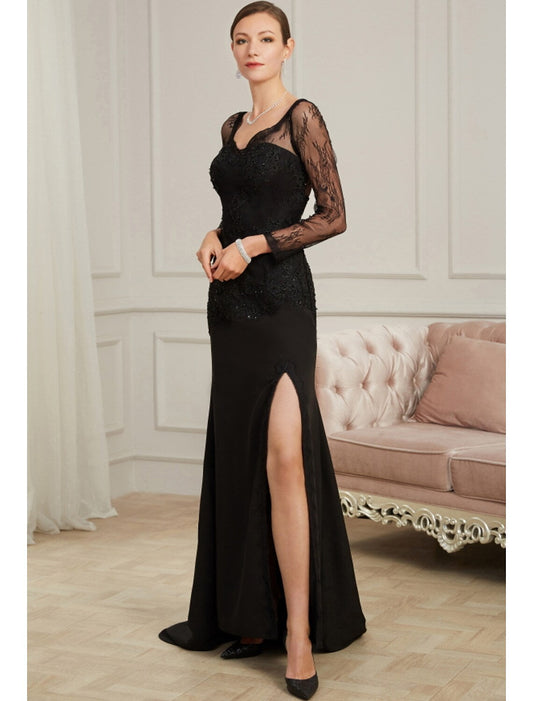 Elegant Red A-Line V-Neck Long-Sleeve Classic-Back Floor-Length Evening Dress