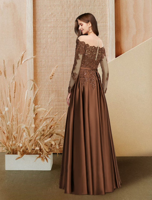 Elegant Red A-Line Classic-Neck Long-Sleeve Classic-Back Floor-Length Evening Dress