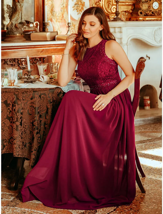 Elegant Red A-Line Classic-Neck Sleeveless Classic-Back Floor-Length Prom Dress