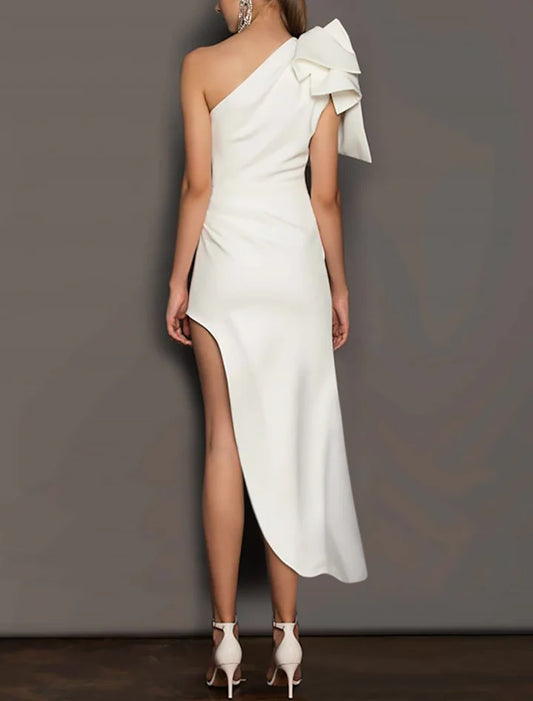 Elegant White Classic One-Shoulder Classic-Sleeve Classic-Back Midi-Length Prom Dress