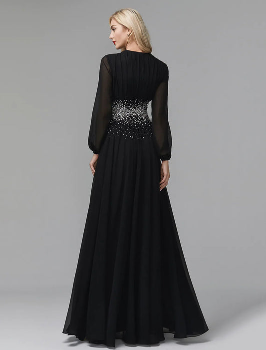 Elegant Black A-Line V-Neck Long-Sleeve Classic-Back Floor-Length Wedding Dress