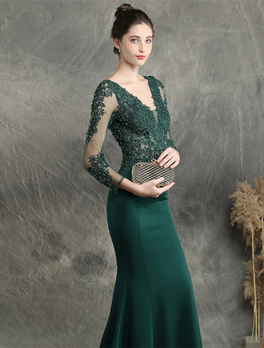 Elegant Red A-Line V-Neck Long-Sleeve Classic-Back Floor-Length Prom Dress