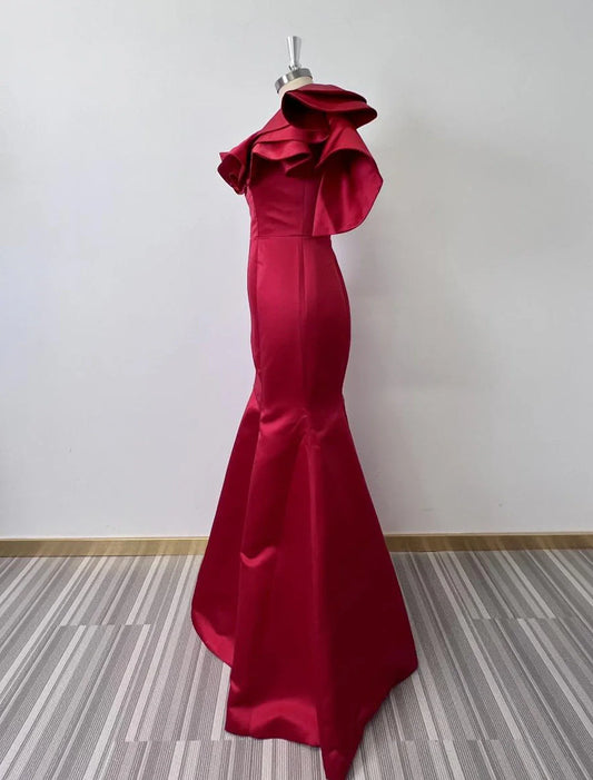 Elegant Red Mermaid One-Shoulder Sleeveless Lace-Up-Back Floor-Length Evening Dress