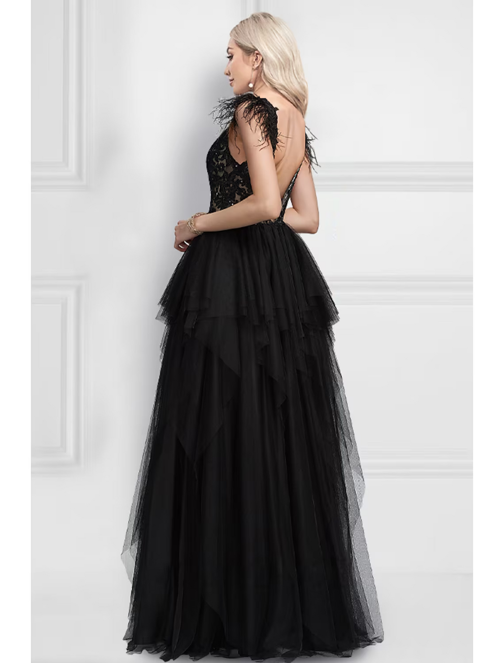 Black Dress Wedding Party Floor Length Sleeveless V Neck with Feather Appliques