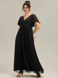 Black A-Line V -Neck Flutter Sleeve Floral Floor-Length Plus-Size Prom Dresses