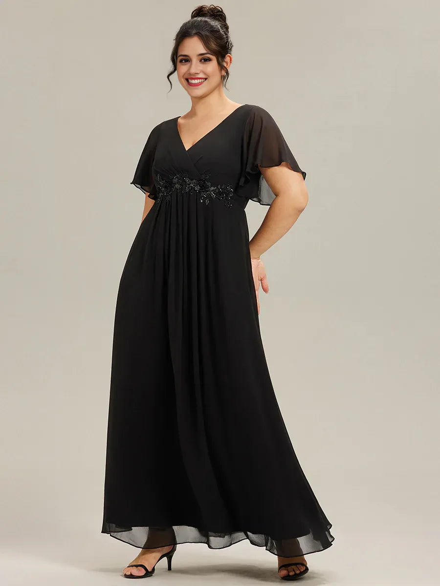 Black A-Line V -Neck Flutter Sleeve Floral Floor-Length Plus-Size Prom Dresses