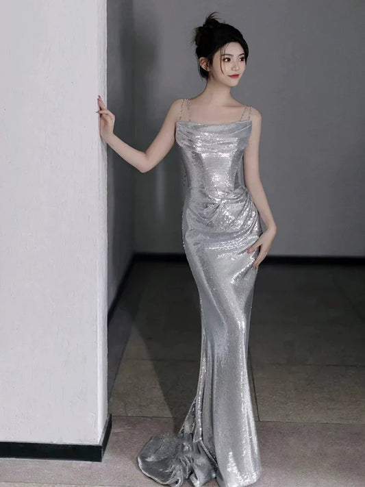 Chic Red Sequin Mermaid Classic-Neck Classic-Sleeve Classic-Back Floor-Length Prom Dress