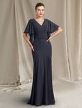 Mother of the Bride Dress Simple Plus Size Elegant V Neck Floor Length Short Sleeve with Pleats Ruched