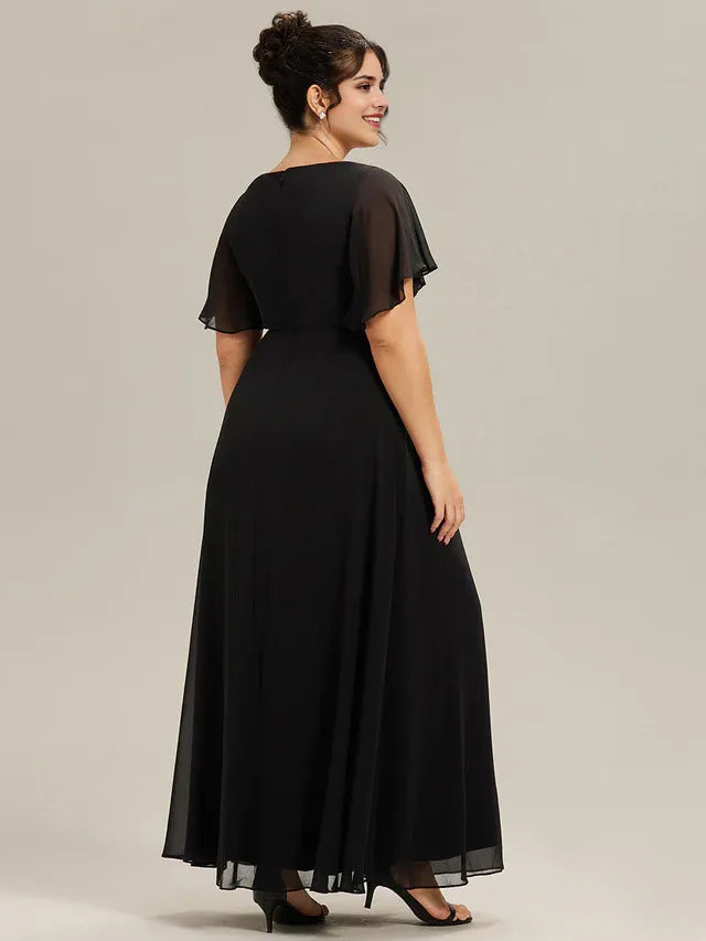 Black A-Line V -Neck Flutter Sleeve Floral Floor-Length Plus-Size Prom Dresses