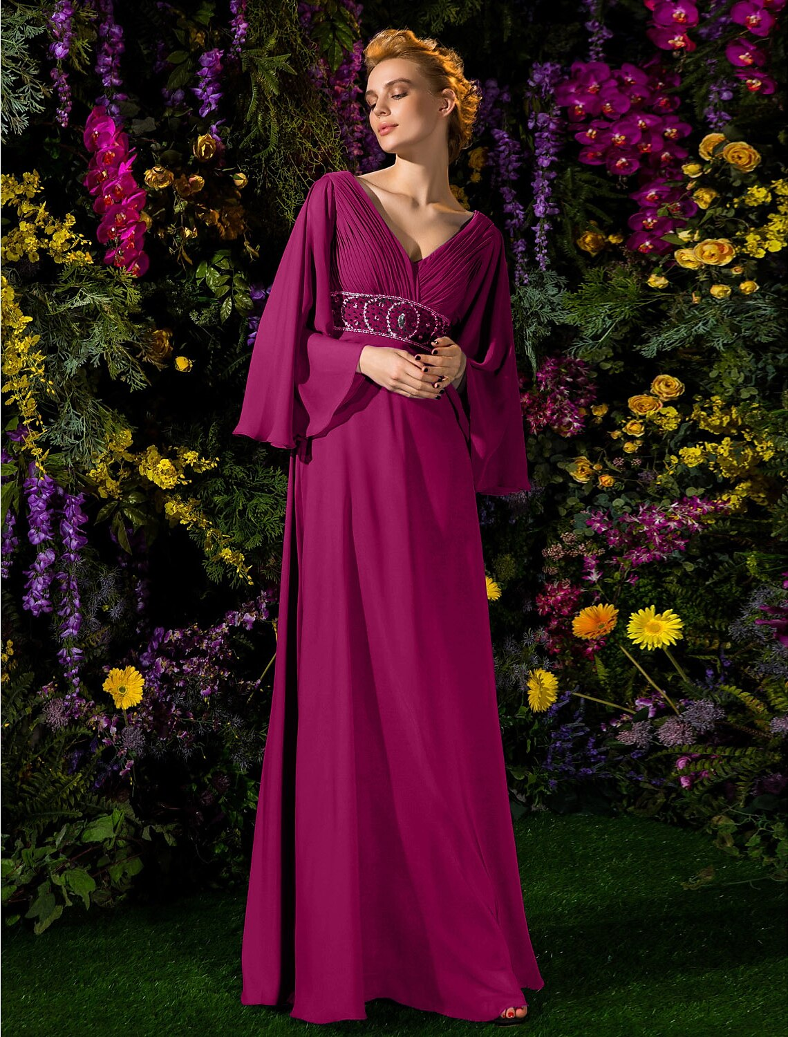 Mother of the Bride Dress Vintage Inspired V Neck Floor Length Long Sleeve with Crystals Beading Side Draping