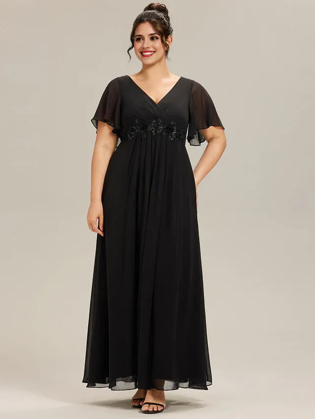 Black A-Line V -Neck Flutter Sleeve Floral Floor-Length Plus-Size Prom Dresses