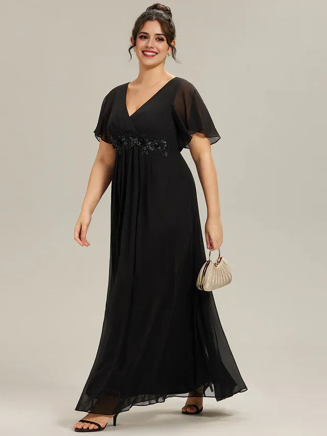 Black A-Line V -Neck Flutter Sleeve Floral Floor-Length Plus-Size Prom Dresses