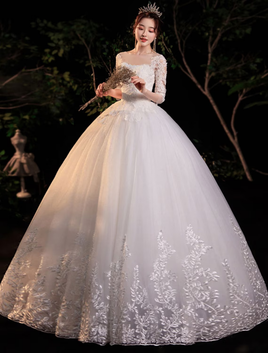 Engagement Formal Wedding Dresses Floor Length Princess Half Sleeve Jewel Neck With Appliques