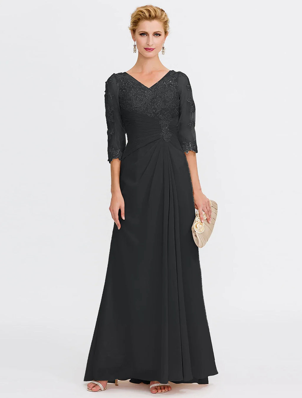 Mother of the Bride Dress Plus Size Elegant Through V Neck Floor Length Half Sleeve with Appliques Side Draping