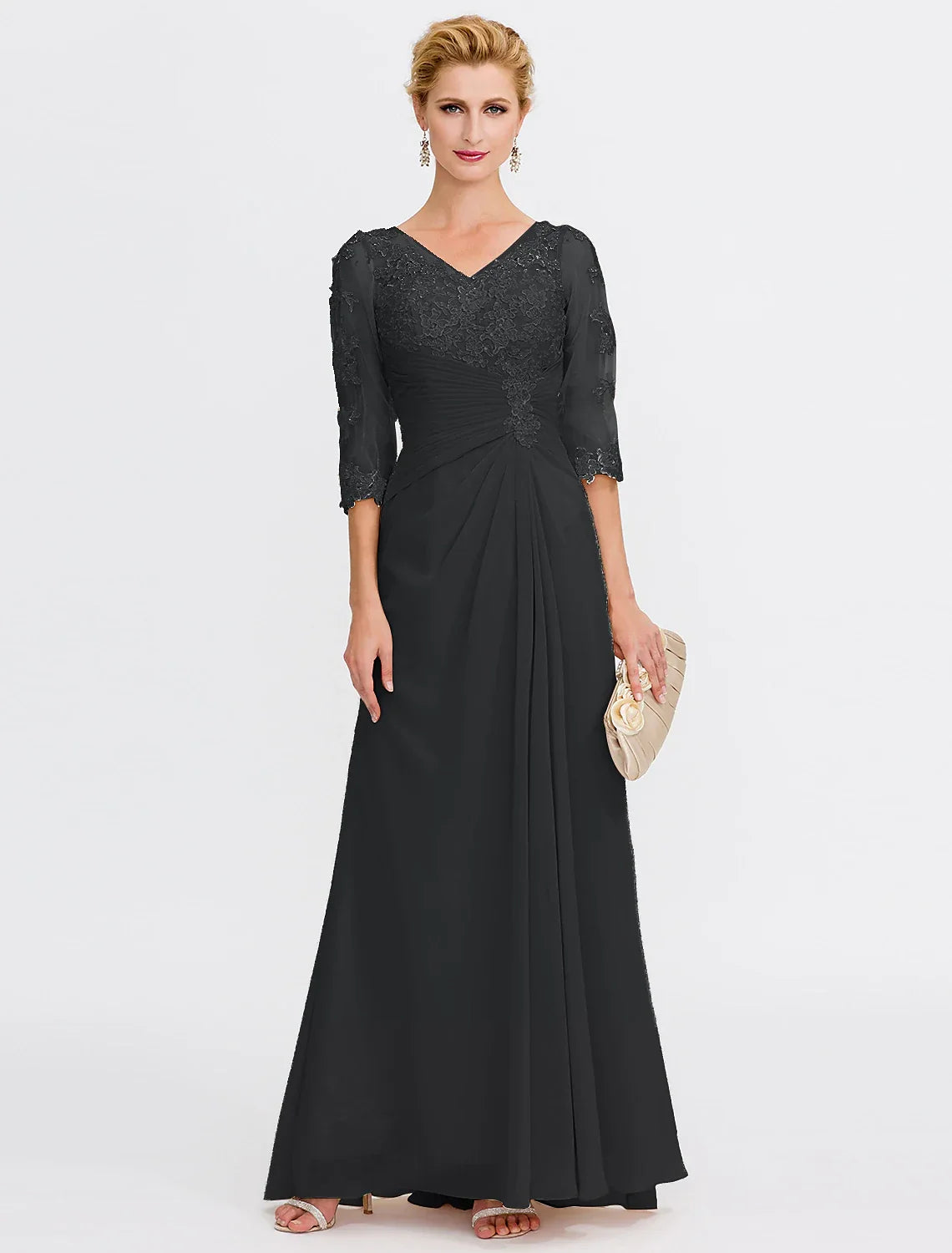 Mother of the Bride Dress Plus Size Elegant Through V Neck Floor Length Half Sleeve with Appliques Side Draping