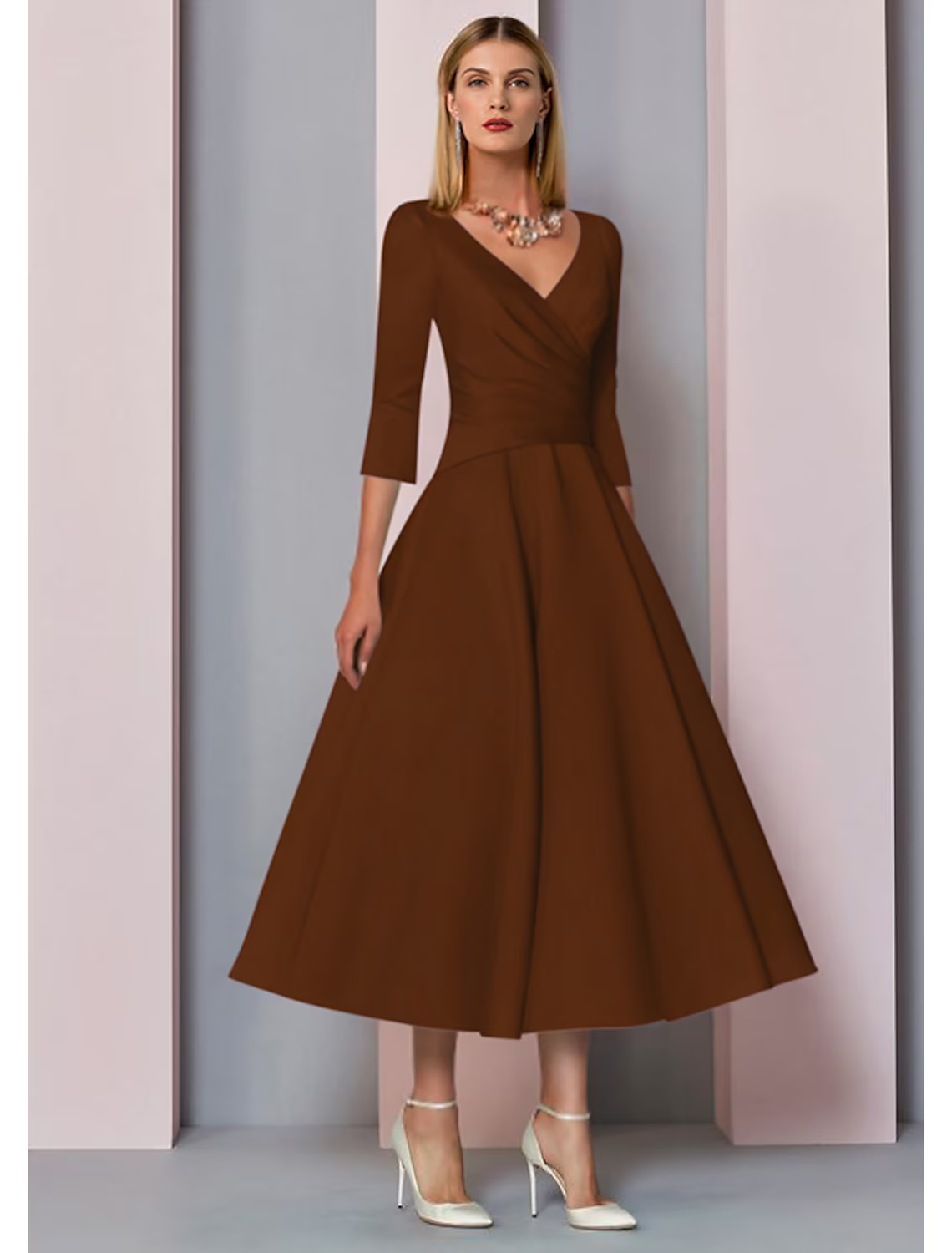 Mother of the Bride Dress Wedding Guest Vintage Plus Size Elegant V Neck Length 3/4 Length Sleeve with Pleats