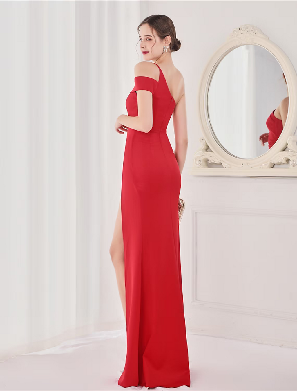 Evening Gown Elegant Dress Wedding Guest Floor Length Sleeveless Strap V Back with Slit