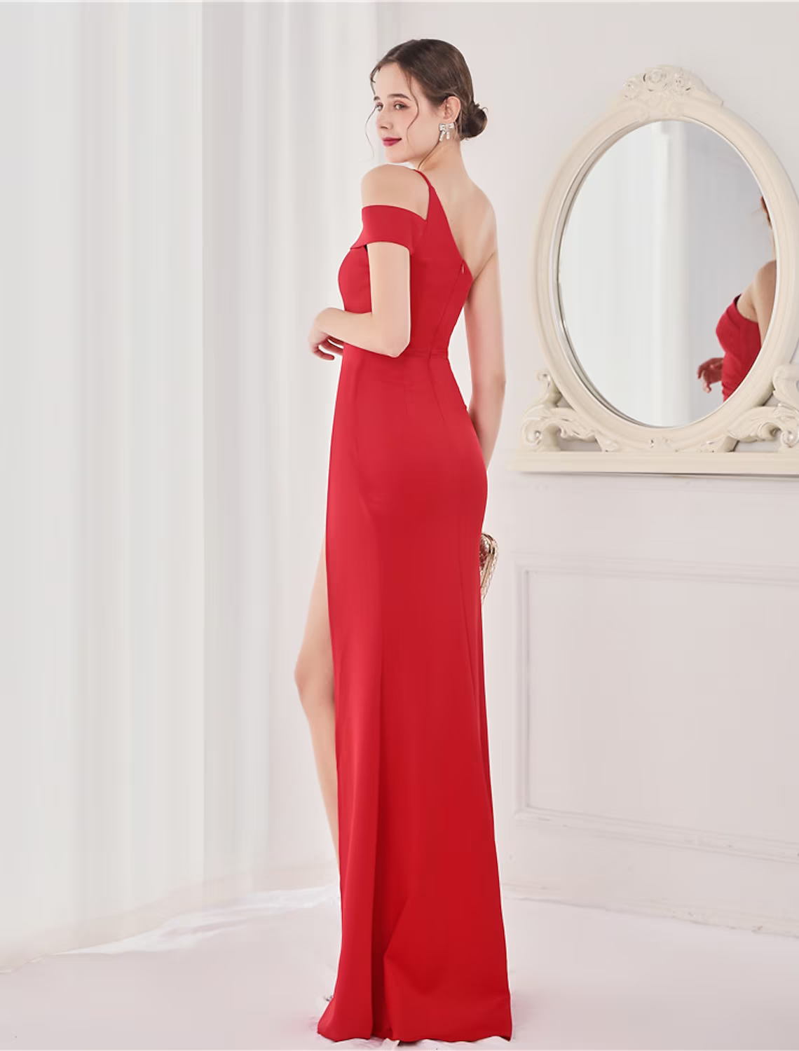 Evening Gown Elegant Dress Wedding Guest Floor Length Sleeveless Strap V Back with Slit