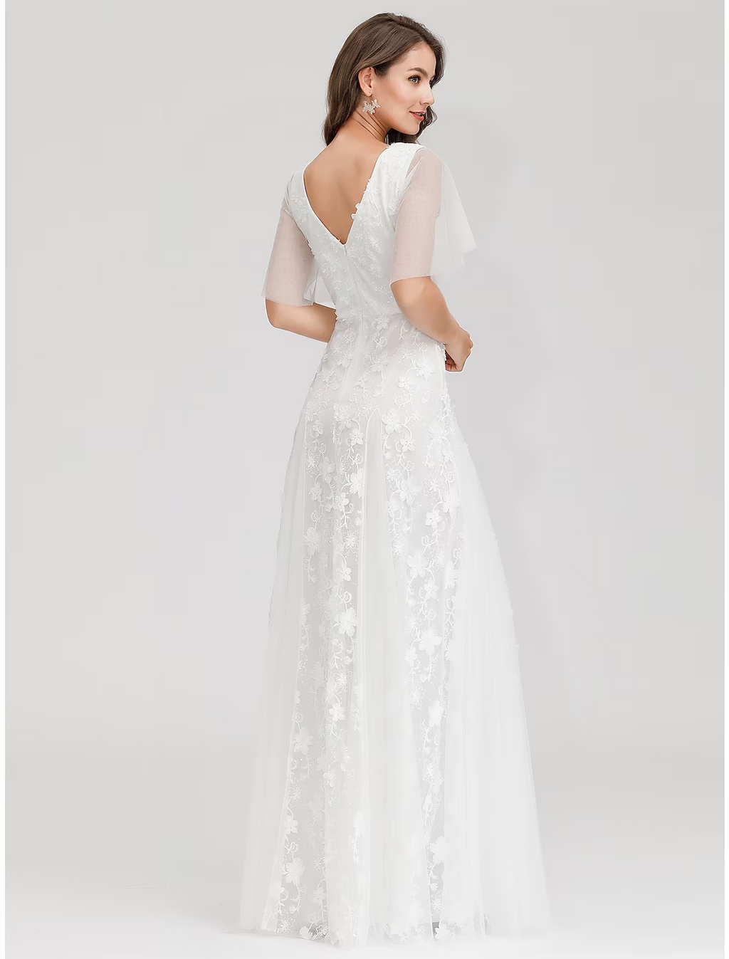 Bridal Shower Wedding Dresses A-Line Short Sleeve V Neck With Appliques