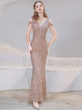 Sparkle Dress Wedding Guest Floor Length Short Sleeve V Neck with Beading