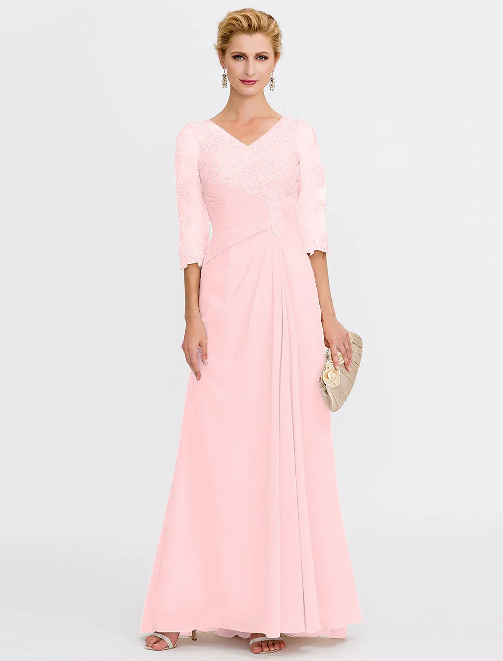 Mother of the Bride Dress Plus Size Elegant Through V Neck Floor Length Half Sleeve with Appliques Side Draping