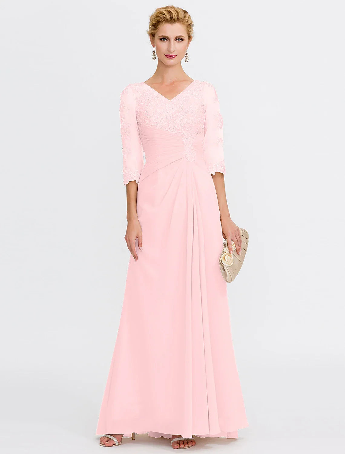 Mother of the Bride Dress Plus Size Elegant Through V Neck Floor Length Half Sleeve with Appliques Side Draping
