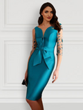 Cocktail Dresses Open Back Dress Formal Knee Length Half Sleeve Jewel Neck with Bow(s) Slit Appliques
