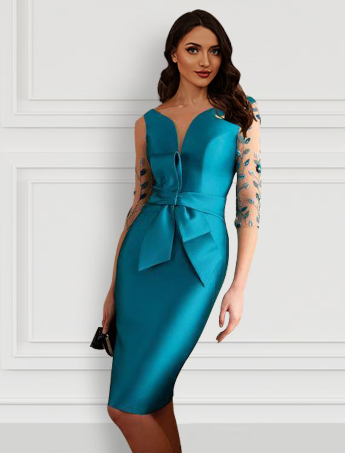 Cocktail Dresses Open Back Dress Formal Knee Length Half Sleeve Jewel Neck with Bow(s) Slit Appliques