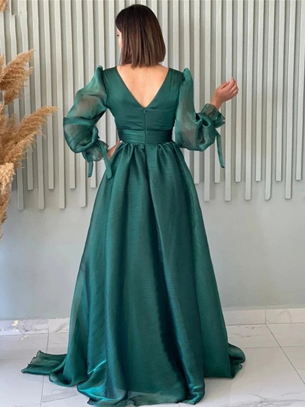 A-Line/Princess Ruched V-neck Long Sleeves Sweep/Brush Train Dresses