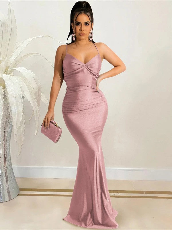 Sheath/Column NS Elastic Woven Ruched V-neck Sleeveless Sweep/Brush Train Dresses