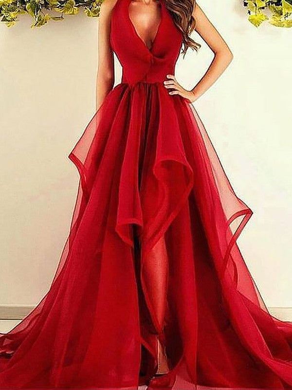 A-Line/Princess V-Neck Sleeveless Asymmetrical Ruffles Dresses