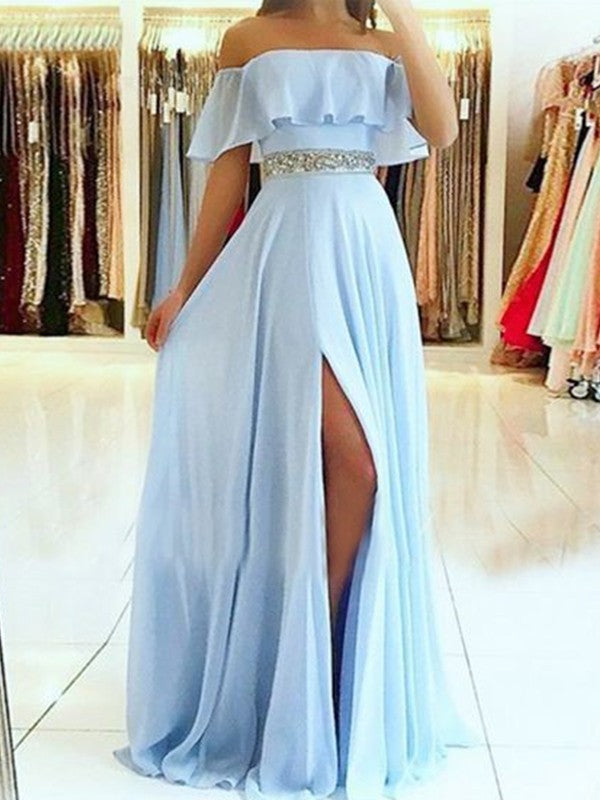 A-Line/Princess Sleeveless Off-the-Shoulder Floor-Length Beading Dresses