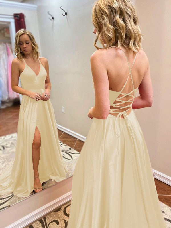 A-Line/Princess Sweep/Brush Train V-neck Sleeveless Elastic Woven Ruffles Dresses