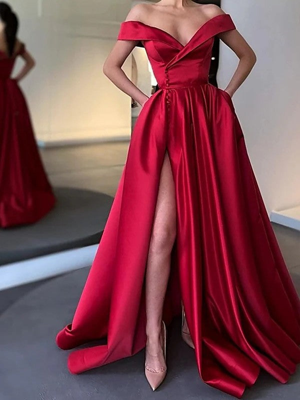 A-Line/Princess Ruffles Off-the-Shoulder Sleeveless Sweep/Brush Train Dresses